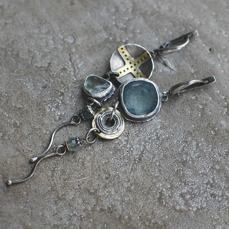 1+1 Offer: Antique" earrings with blue stones and a cross