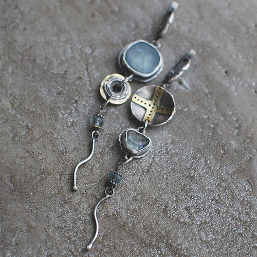 1+1 Offer: Antique" earrings with blue stones and a cross