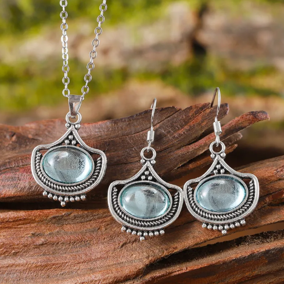 Vintage Blue Oval Gemstone Necklace & Earrings Set