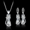 1+1 Offer: Happy Cat Necklace and Earring Set made of Silver and Polished White Zirconia